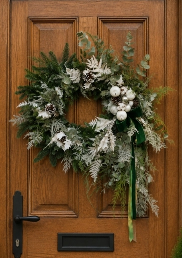 &pound;100 fresh door wreath with white decorations
